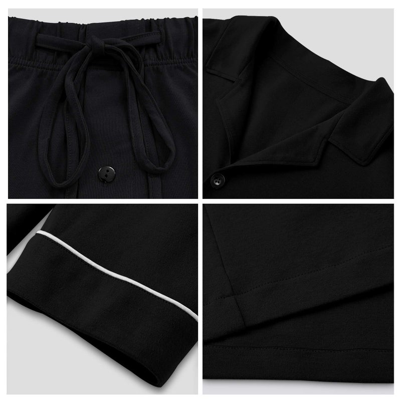 COLORFULLEAF Men's 100% Cotton Short Sleeve Pajama Sets Button Down Notched Collar Sleepwear Soft Lounge Pjs with Pockets (Black, M) - Image 5